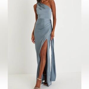 Lulus Signature Elegance Slate Blue Satin One-shoulder Maxi Dress